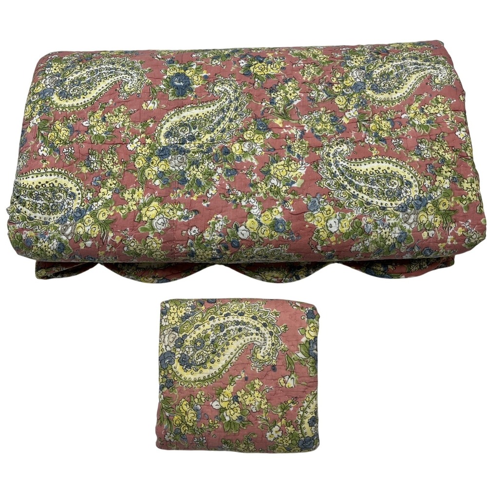Pottery Barn Queen Quilt & Sham Pic Stitch Blue Pink Floral Paisley Reversible